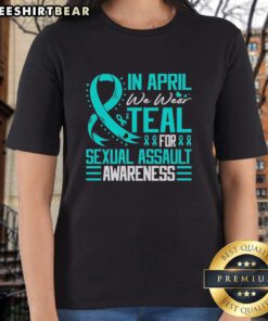 Women wearing teal tee for Sexual Assault Awareness, showcasing Pretty in April and the blue ribbon symbol.