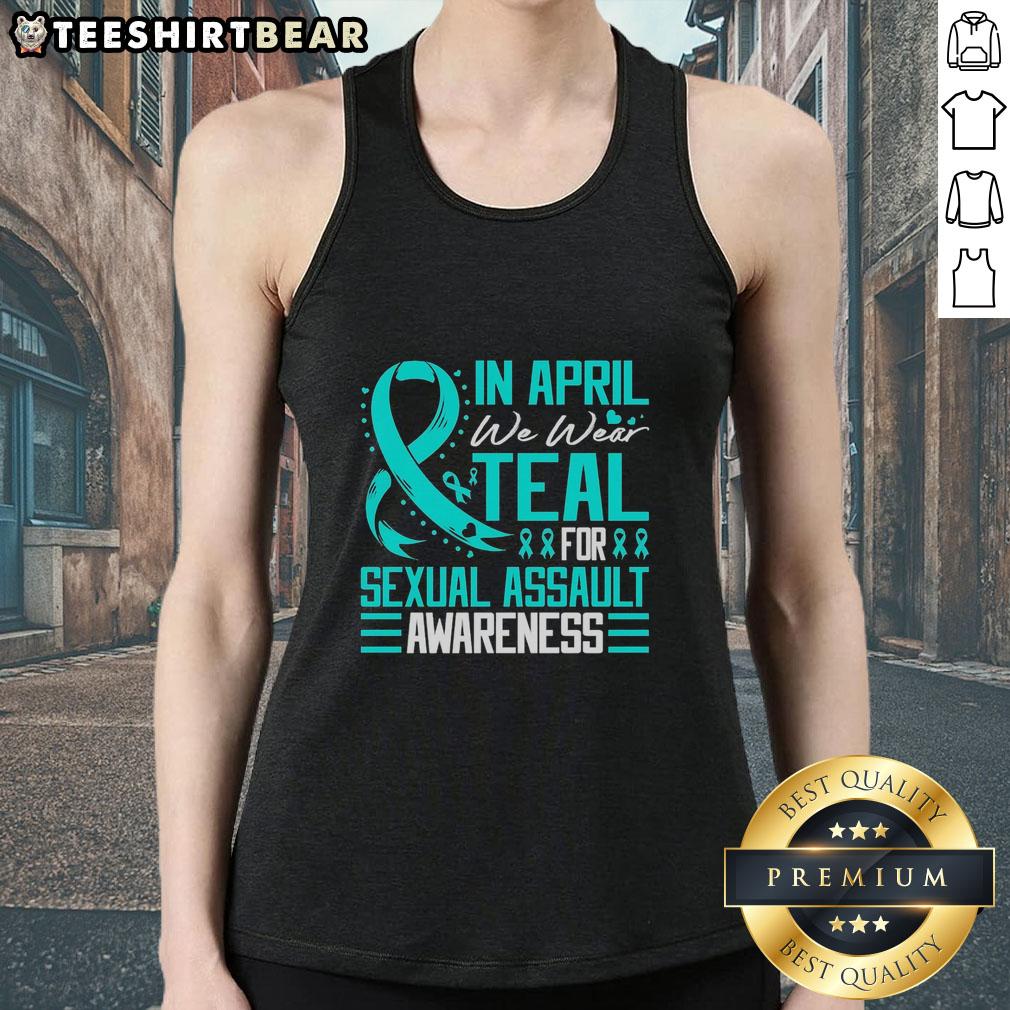 Teal tank top for Sexual Assault Awareness featuring a blue ribbon, perfect for April awareness events.