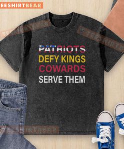 Pretty Patriots Defy Kings: Stylish washed t-shirt design showcasing a bold statement on freedom and individuality.