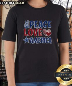Pretty Peace Love America Ladies Tee featuring a stylish design with a patriotic theme for women.