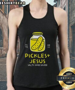 Pretty Pickles and Jesus Salty and Saved tank top featuring a fun graphic design for faith and pickle lovers.