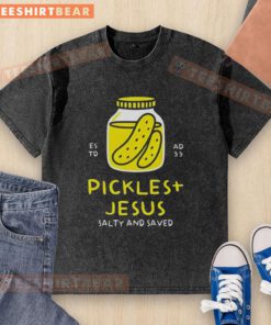 Pretty Pickles and Jesus Salty and Saved washed t-shirt design featuring vibrant colors and playful typography.