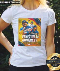 Alt Text: Team Venezuela celebrates victory over Team USA in the 2026 World Baseball Classic, wearing stylish ladies' tees.