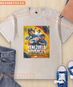 Team Venezuela celebrates victory over Team USA in the 2026 World Baseball Classic, wearing custom washed T-shirts.