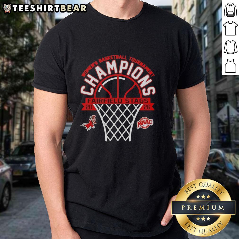 Top Fairfield Stags Wins MAAC Women's Basketball Tournament Champions 2026 T-Shirt featuring team logo and vibrant colors.