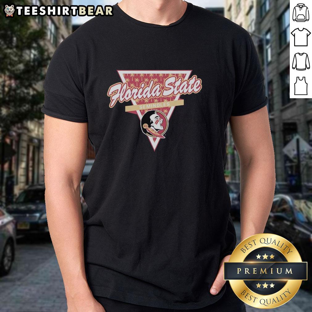 Alt Text: Florida State Seminoles basketball t-shirt featuring a palm tree pattern inside a triangle logo, perfect for fans.