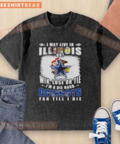 Alt Text: Die-hard Dallas Cowboys fan wearing a washed t-shirt in Illinois, showcasing team pride with 'Win, Lose, or Tie' slogan.