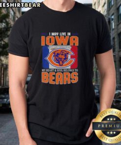 Alt Text: Chicago Bears football flag t-shirt with 'I May Live In Iowa But My Heart Belongs To Chicago Bears' slogan.