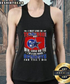 Die-hard Dallas Cowboys fan wearing a tank top that says 'I may live in Tennessee, but I'm a Cowboys fan till I die.'