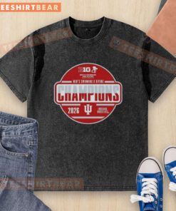 Top Indiana Hoosiers 2026 Big Ten Men's Swimming and Diving Champions washed t-shirt displayed on a wooden surface.