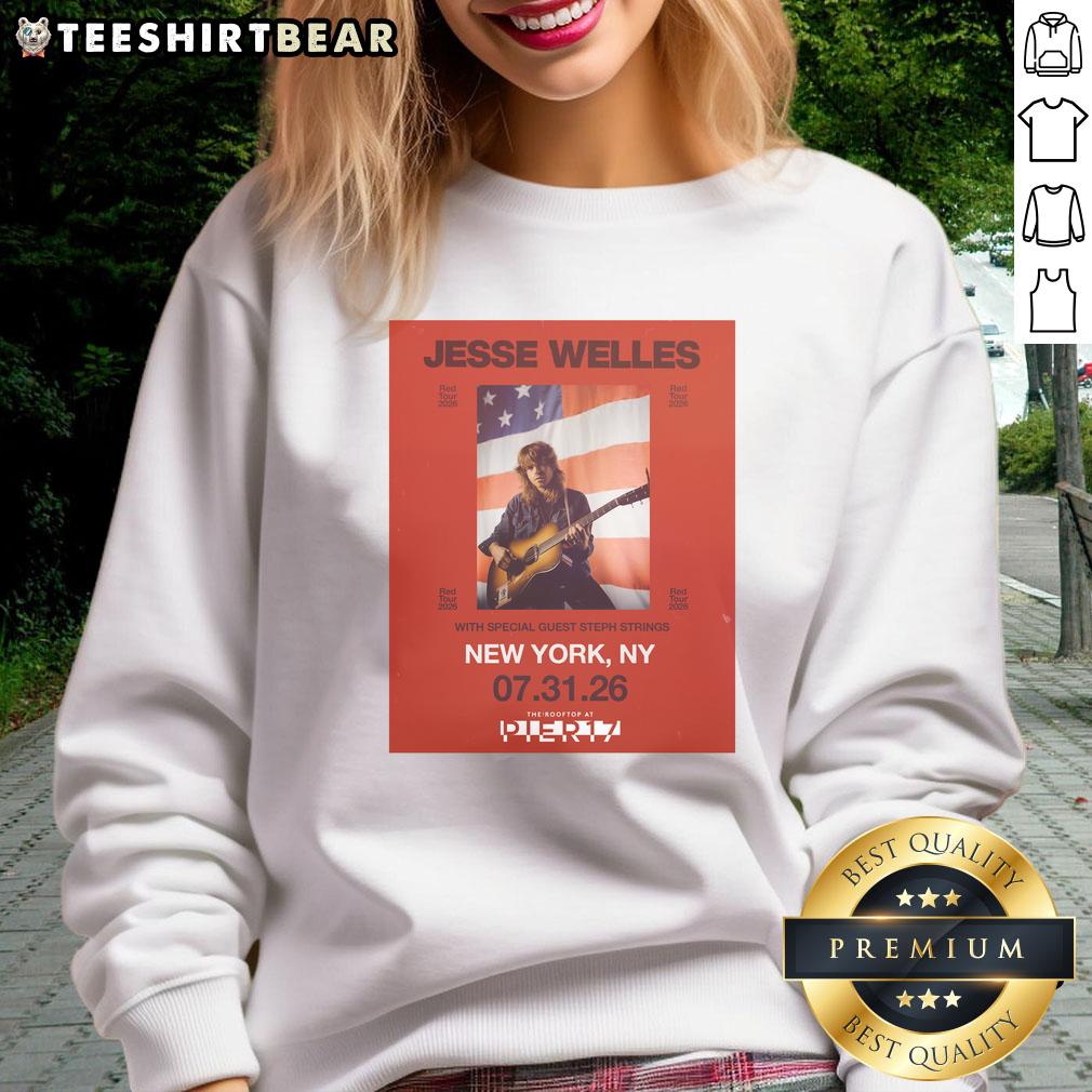 Top Jesse Welles Red Tour 2026 North America city dates poster on a stylish sweatshirt, perfect for fans.