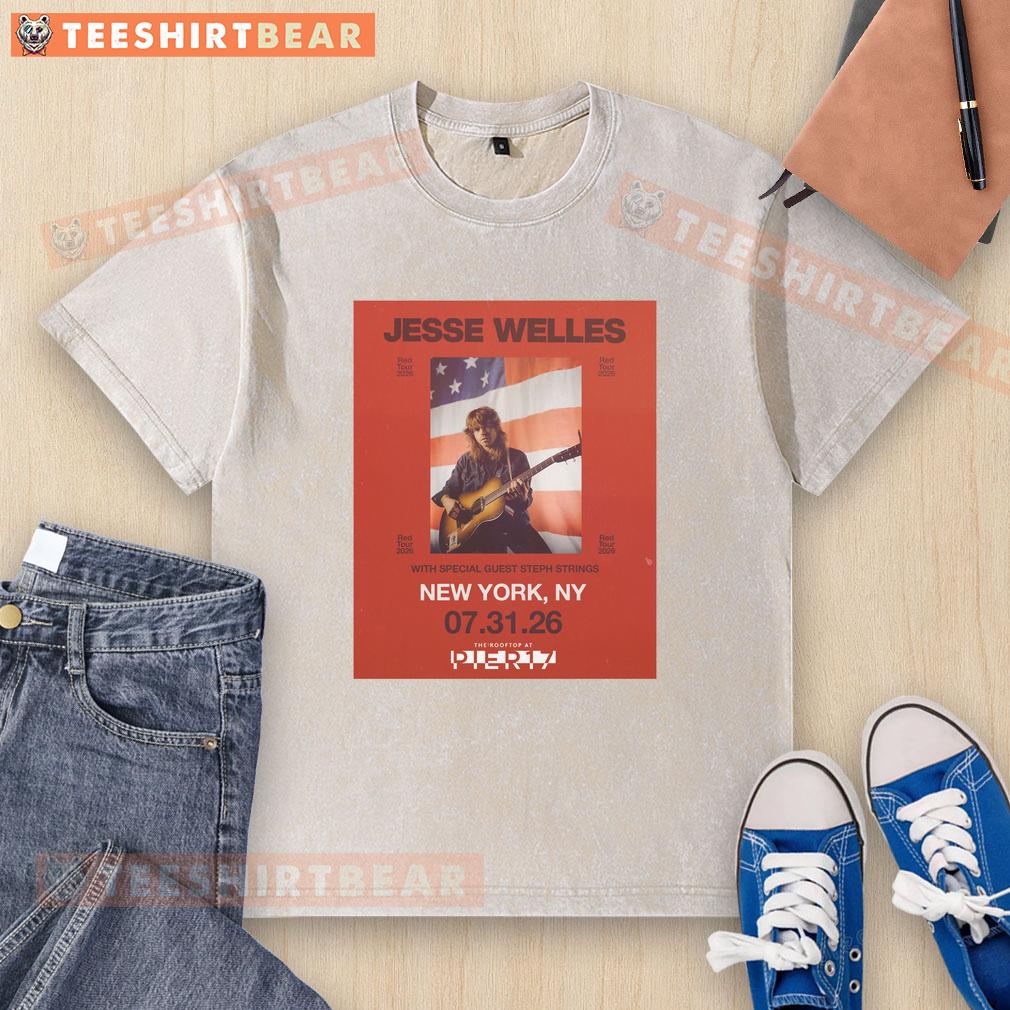 Top Jesse Welles Red Tour 2026 North America city dates poster on a washed t-shirt, showcasing vibrant design and tour info.