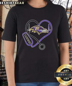 Top Nurse Heartbeat X Baltimore Ravens Logo Ladies Tee in purple, perfect for Ravens fans and healthcare professionals.