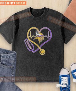 Top Nurse Heartbeat X Minnesota Vikings Logo Washed T-Shirt featuring a stylish design for nursing fans and sports lovers.