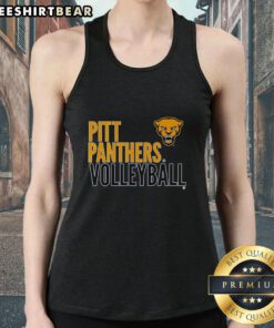 Alt Text: Top Pitt Panthers Volleyball logo overlay tank top in navy blue, perfect for fans and athletes.