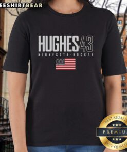 Top Quinn Hughes 43 Minnesota Wild USA Flag Elite Ladies Tee showcasing vibrant team colors and stylish design.