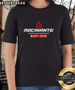 Alt Text: Womens tee featuring the Top Rocinante Legacy Corvette Class Light Frigate ECF-270 design in vibrant colors.