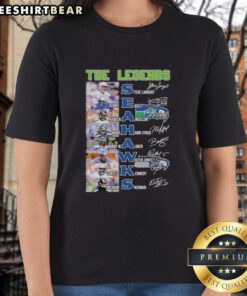 Seattle Seahawks Legends Ladies Tee featuring iconic names and signatures, perfect for fans and collectors.