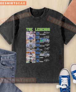 Top Seattle Seahawks Legends Names Signatures Washed T-Shirt featuring iconic player signatures in vibrant colors.