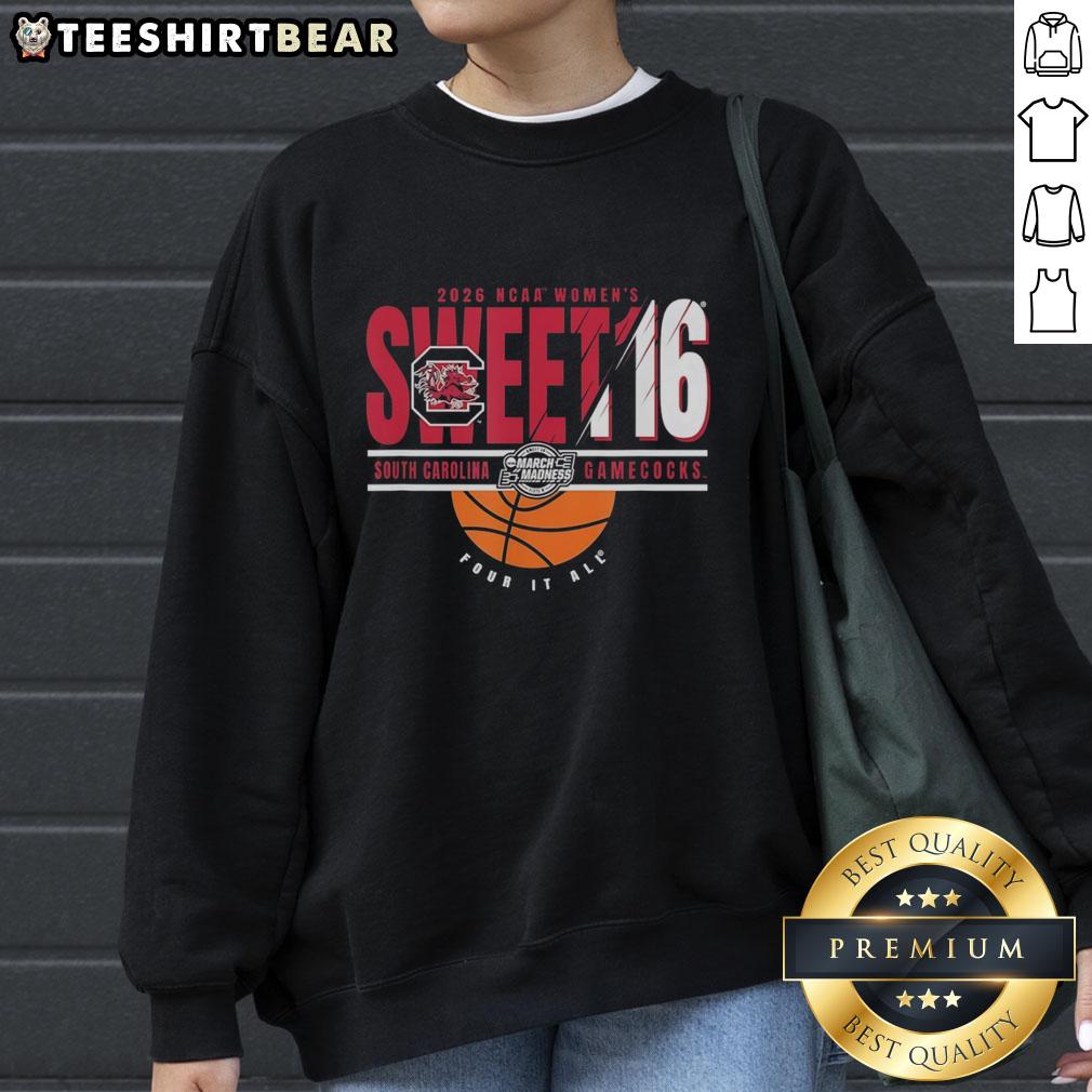 Alt Text: Cozy South Carolina Gamecocks NCAA Women's March Madness Sweet 16 2026 sweatshirt displayed on a wooden background.