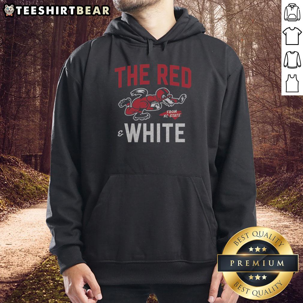 Alt Text: Red and white NC State football hoodie displayed on a hanger, showcasing team logo and stylish design.