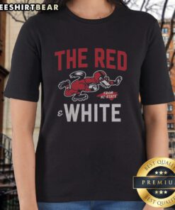 NC State football ladies tee in red and white, featuring team logo, perfect for game day or casual wear.