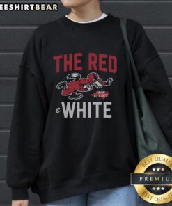 Top the Red and White NC State football sweatshirt displayed on a hanger, showcasing team colors and logo.