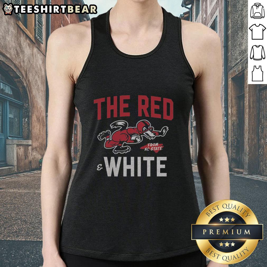 Stylish red and white NC State football tank top, perfect for game day or casual wear, showcasing team spirit.
