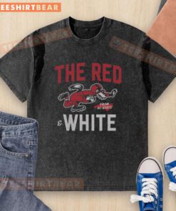Top view of a red and white NC State football washed t-shirt, showcasing team spirit and style for fans.