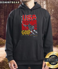 Alt Text: Top USA Hockey red, white, blue, and gold hoodie for 2026 Milan, showcasing patriotic design and team spirit.