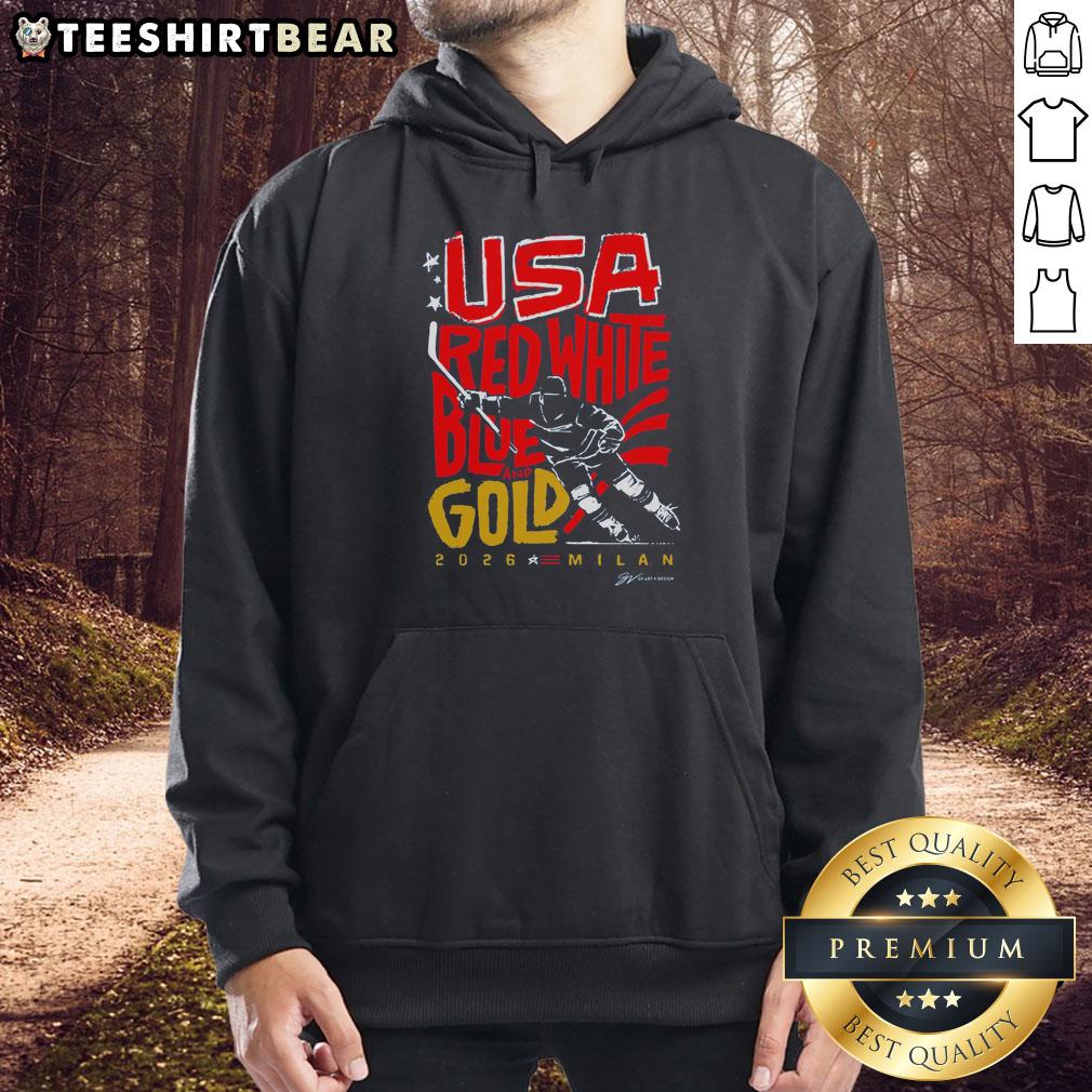 Alt Text: Top USA Hockey red, white, blue, and gold hoodie for 2026 Milan, showcasing patriotic design and team spirit.