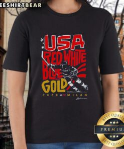 Top USA Hockey red, white, blue, and gold 2026 Milan ladies tee featuring patriotic design and comfortable fit.