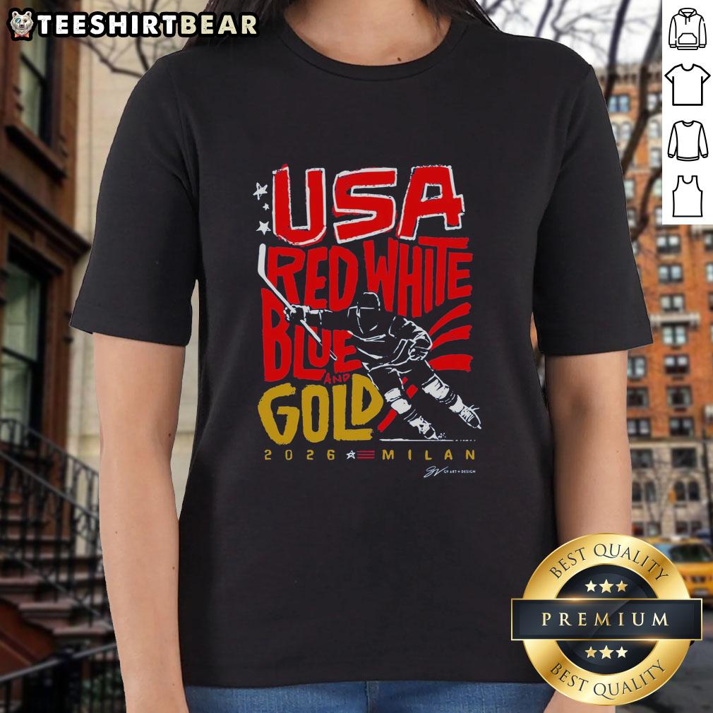 Top USA Hockey red, white, blue, and gold 2026 Milan ladies tee featuring patriotic design and comfortable fit.