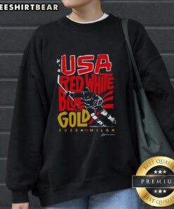 Top USA Hockey red, white, blue, and gold sweatshirt for 2026 Milan, showcasing patriotic design and team spirit.
