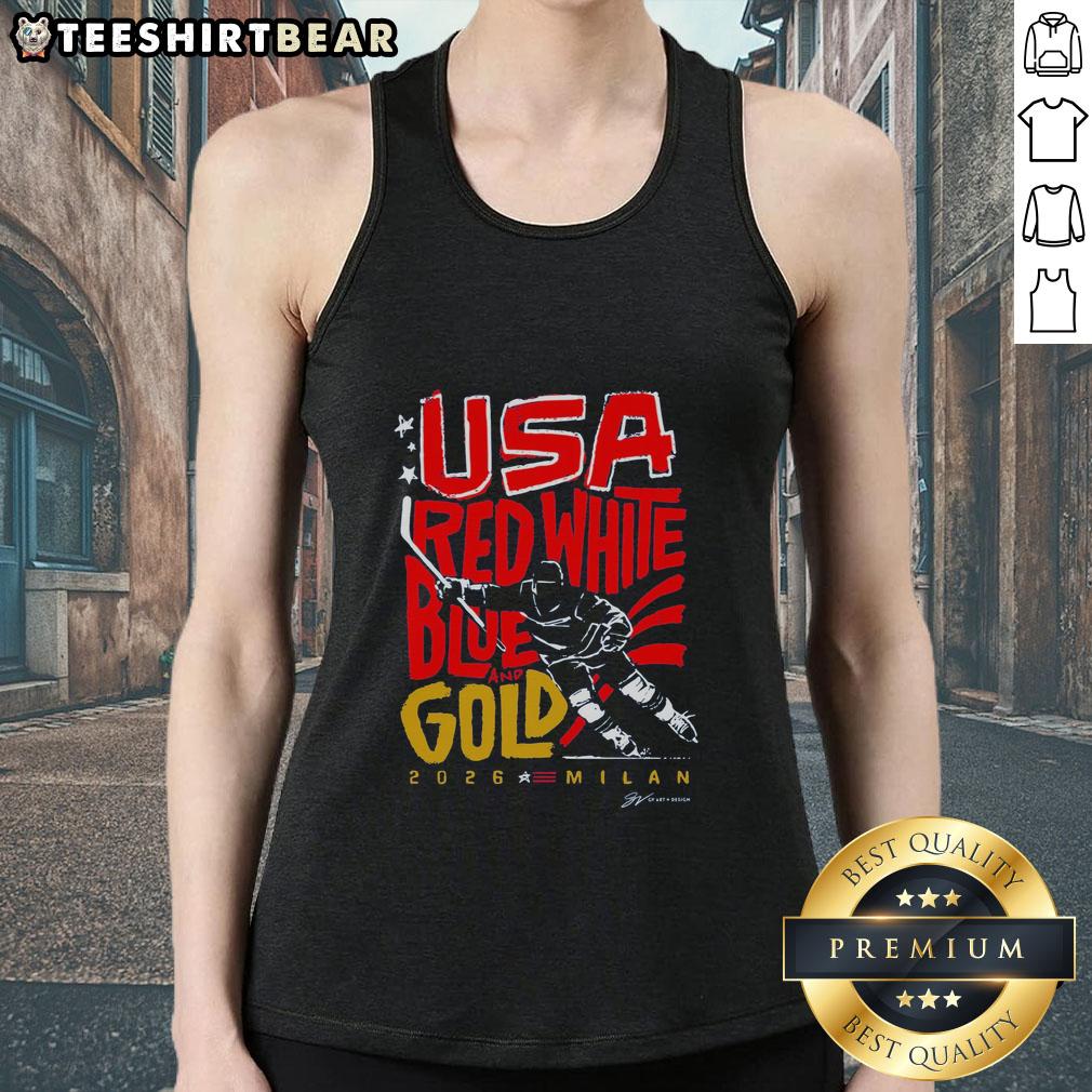 Top USA Hockey red, white, blue, and gold tank top for 2026 Milan, perfect for fans and sports enthusiasts.