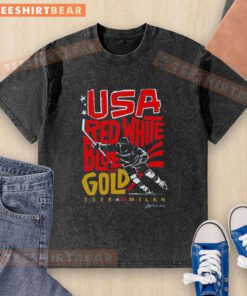 Alt Text: Top USA Hockey Red White Blue and Gold 2026 Milan Washed T-Shirt featuring a stylish design for fans.