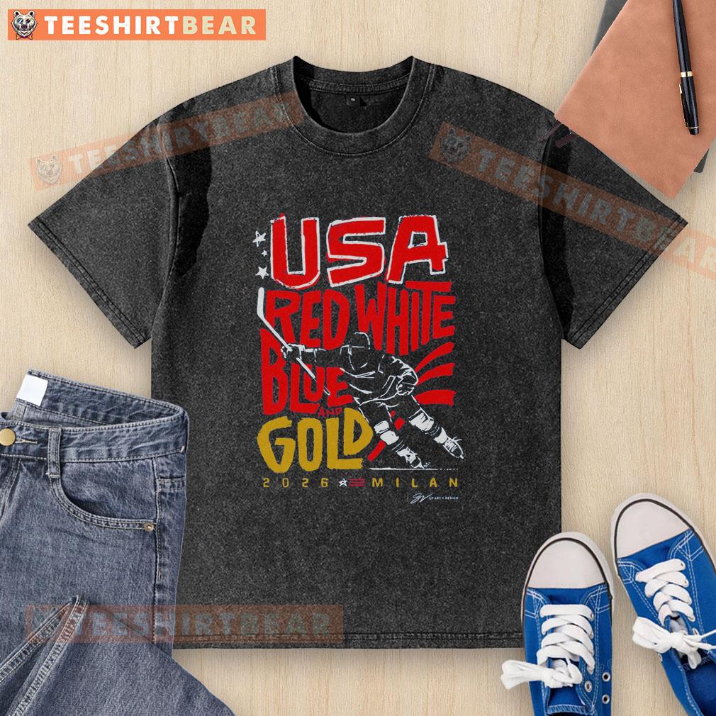 Alt Text: Top USA Hockey Red White Blue and Gold 2026 Milan Washed T-Shirt featuring a stylish design for fans.