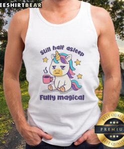 Adorable unicorn in a tank top holding a coffee mug, looking half asleep yet fully magical.