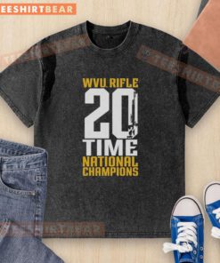 Alt Text: Top WVU West Virginia Mountaineers Rifle 20-Time National Champions washed t-shirt in blue, showcasing team spirit.
