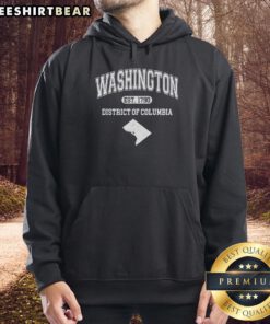 Top Washington DC District of Columbia Est 1790 varsity hoodie displayed on a mannequin with a stylish urban backdrop.