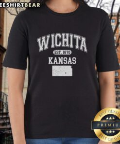 Alt Text: Top Wichita Kansas Est 1870 Varsity Ladies Tee featuring a stylish design and comfortable fit for casual wear.