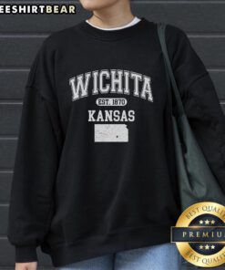 Alt Text: Top Wichita Kansas Est 1870 varsity sweatshirt in navy blue, showcasing school pride and classic style.