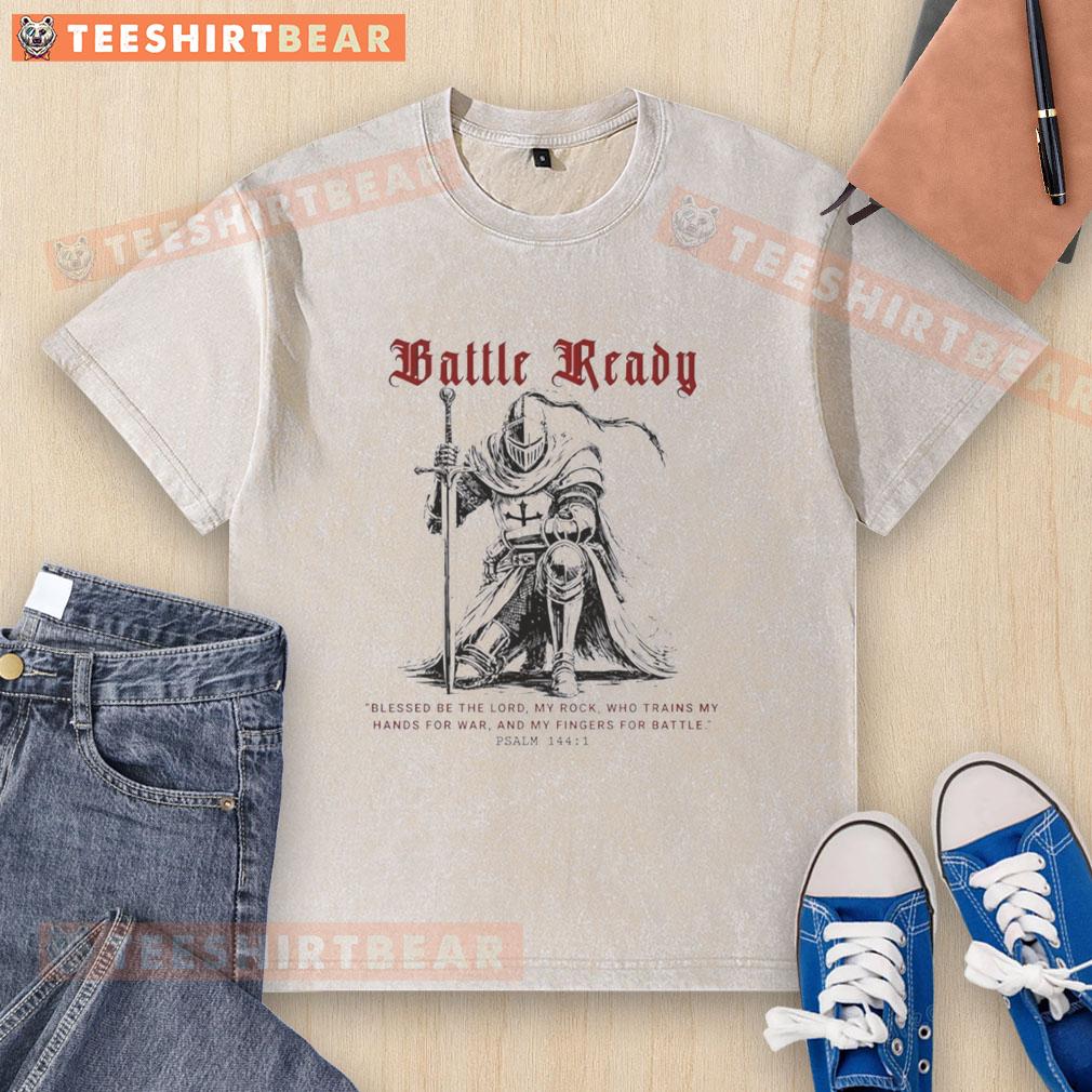 Battle-ready Psalm 144:1 Christian washed t-shirt featuring bold graphics for faith-inspired fashion.