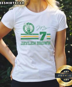 Stylish Ladies Tee featuring Jaylen Brown's signature jersey from the Boston Celtics, perfect for fans.