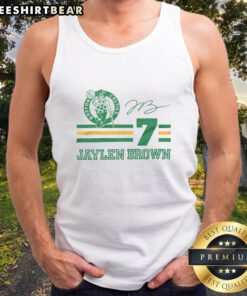 Alt Text: Awesome Celtics Jaylen Brown signature jersey tank top featuring vibrant team colors and stylish design.
