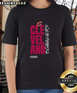 Awesome Cleveland Cavaliers playoff basketball logo on a stylish ladies tee shirt, perfect for fans and fashion.