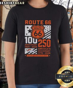 Denver Broncos Route 66 Centennial Ladies Tee celebrating 100 years (1926-2026) and America's 250th anniversary.
