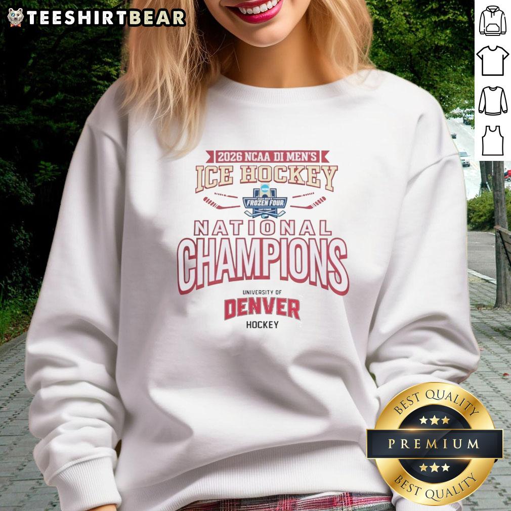 Awesome Denver Pioneers 2026 Frozen Four Champions sweatshirt featuring vibrant team colors and logo design.