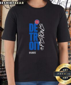 Alt Text: Awesome Detroit Pistons playoff basketball logo on a stylish ladies tee, perfect for fans and game day attire.