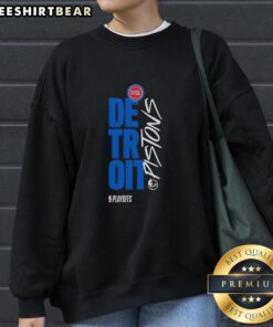 Alt Text: Stylish Detroit Pistons playoff basketball logo sweatshirt, perfect for fans showing team pride on game day.